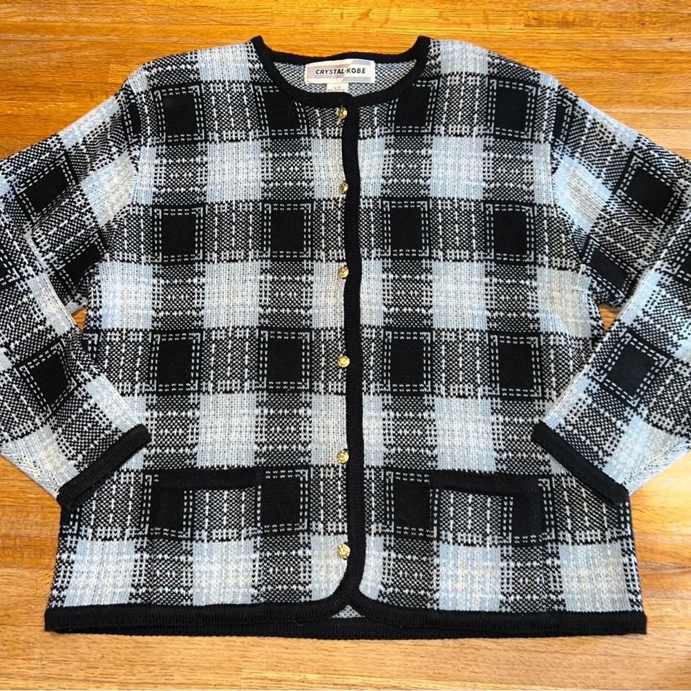 Vtg Crystal Kobe‎ Women LG Black White Acrylic Checkered Sweater Knit Cardigan